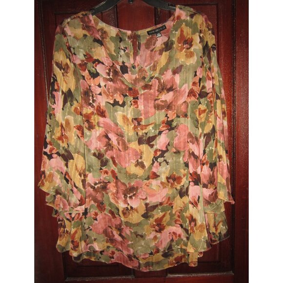 Sara Michelle Plus 2X Blouse Top Shirt Floral Print Tiered Rose Gold Green Flowy - Picture 1 of 3